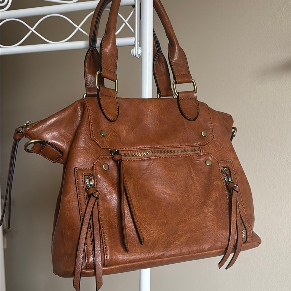 Altar’d State Tan Leather Satchel with Tassels and Zippers